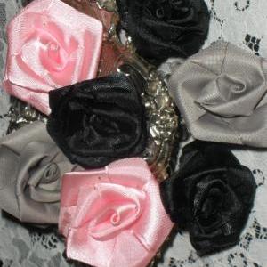 Satin Black, Pink, Grey And Pink Rosettes Flower..