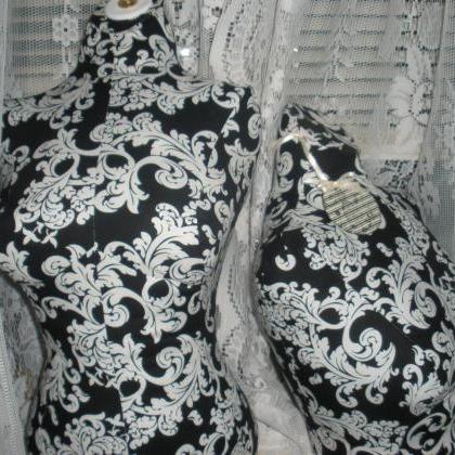 Boutique Dress form, bust to the waist set. Life size torso great for store front or home decor. Paris black Damask forms.
