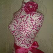 Boutique Dress form designs with stand, life size torso great for store front display or home decor. Pink Damask print. 