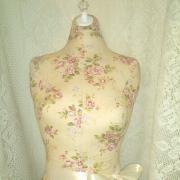 Cream Cottage Rose Dress form designs with stand, life size torso boutique store front display or home decor. Cream Floral inspired by pottery barn. 