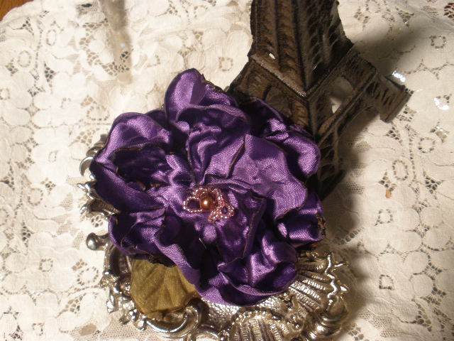 Satin Purple Cabbage Rose Intricately Beaded Brooch Pin