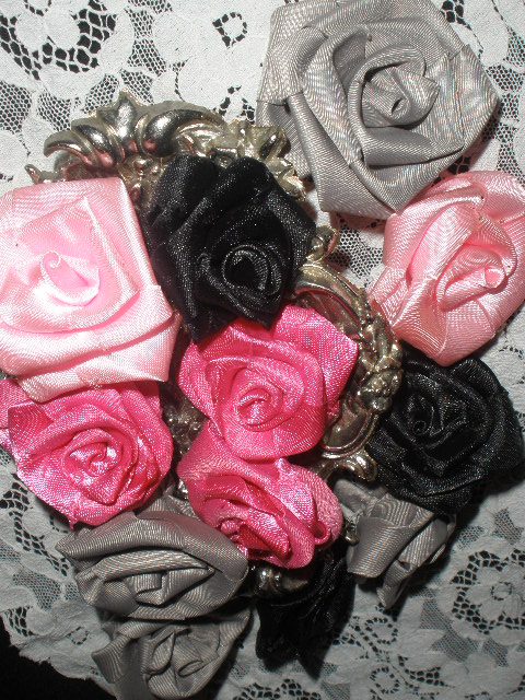 Satin Black, Pink, Grey And Pink Rosettes Flower Set Of 8, Two Of Each Color.