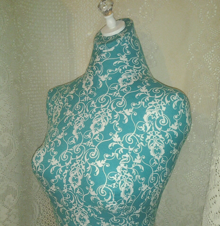 Decorative Bust Form Designs To The Waist, Life Size Torso Great For Store Front Display Or Home Decor. Teal Scroll Print.