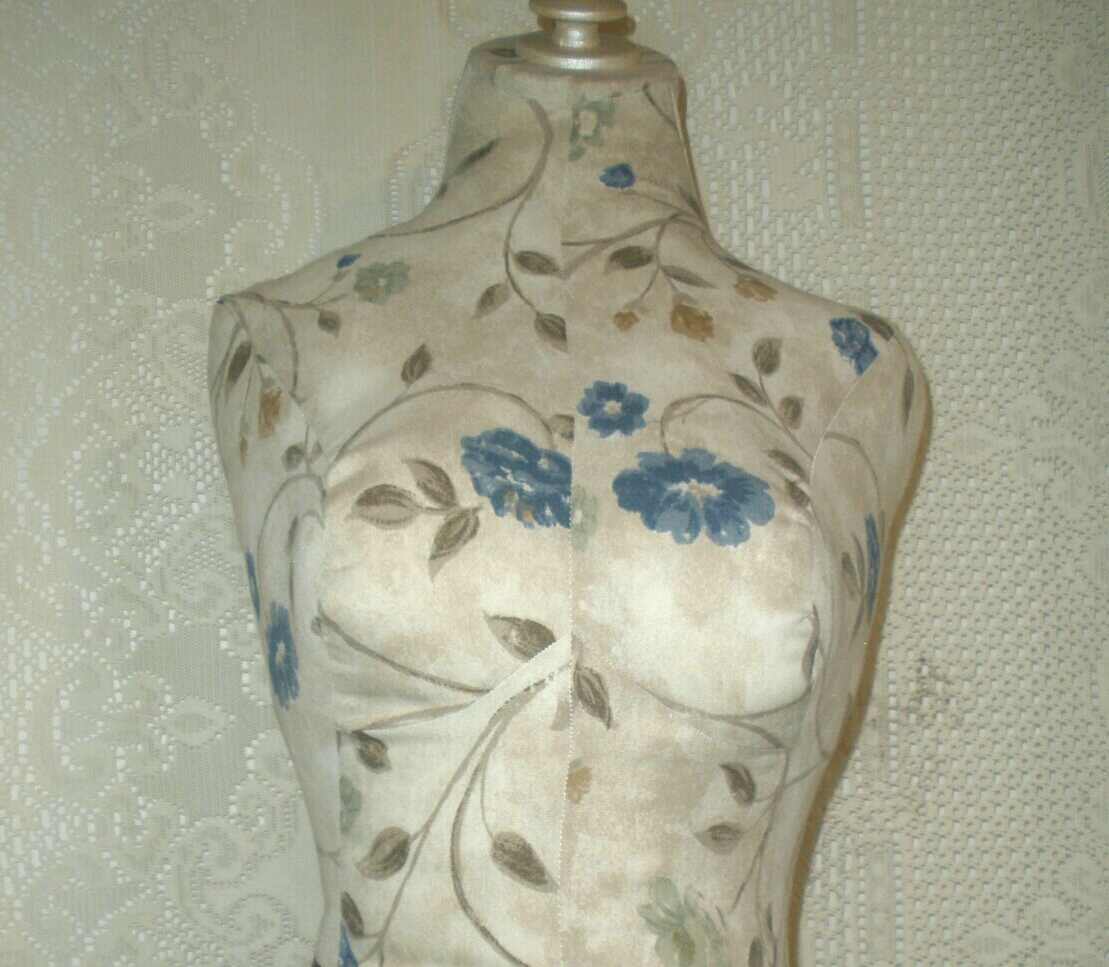Decorative Bust Form Designs To The Waist, Life Size Torso Great For Store Front Display Or Home Decor. Blue Scroll Print.