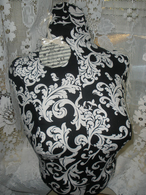 Decorative Bust Form Designs To The Waist, Life Size Torso Great For Store Front Display Or Home Decor. Black Damask Print.