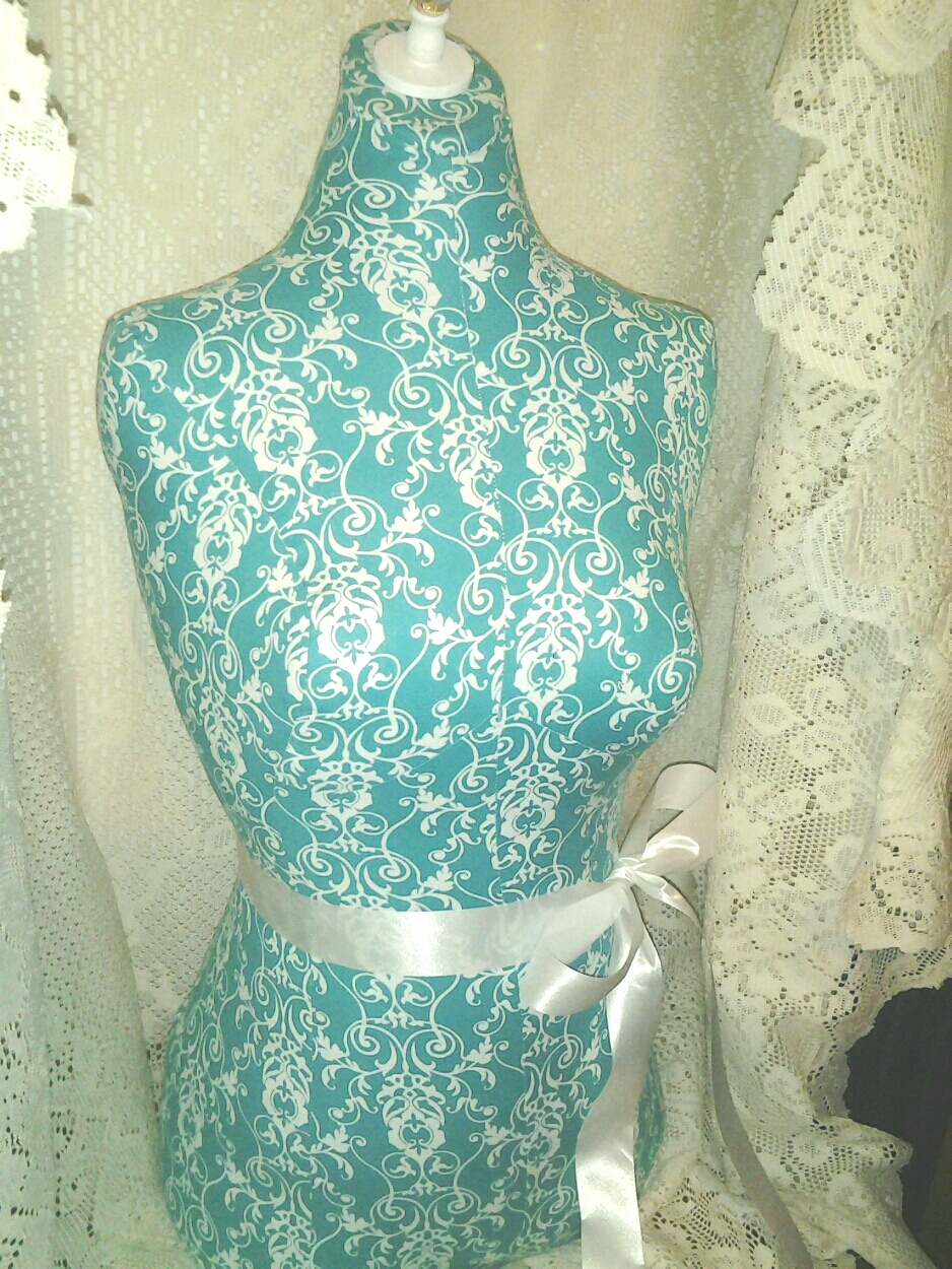 Decorative Dress Form Designs With Stand, Life Size Torso Great For Store Front Display Or Home Decor. Teal Scroll Print.